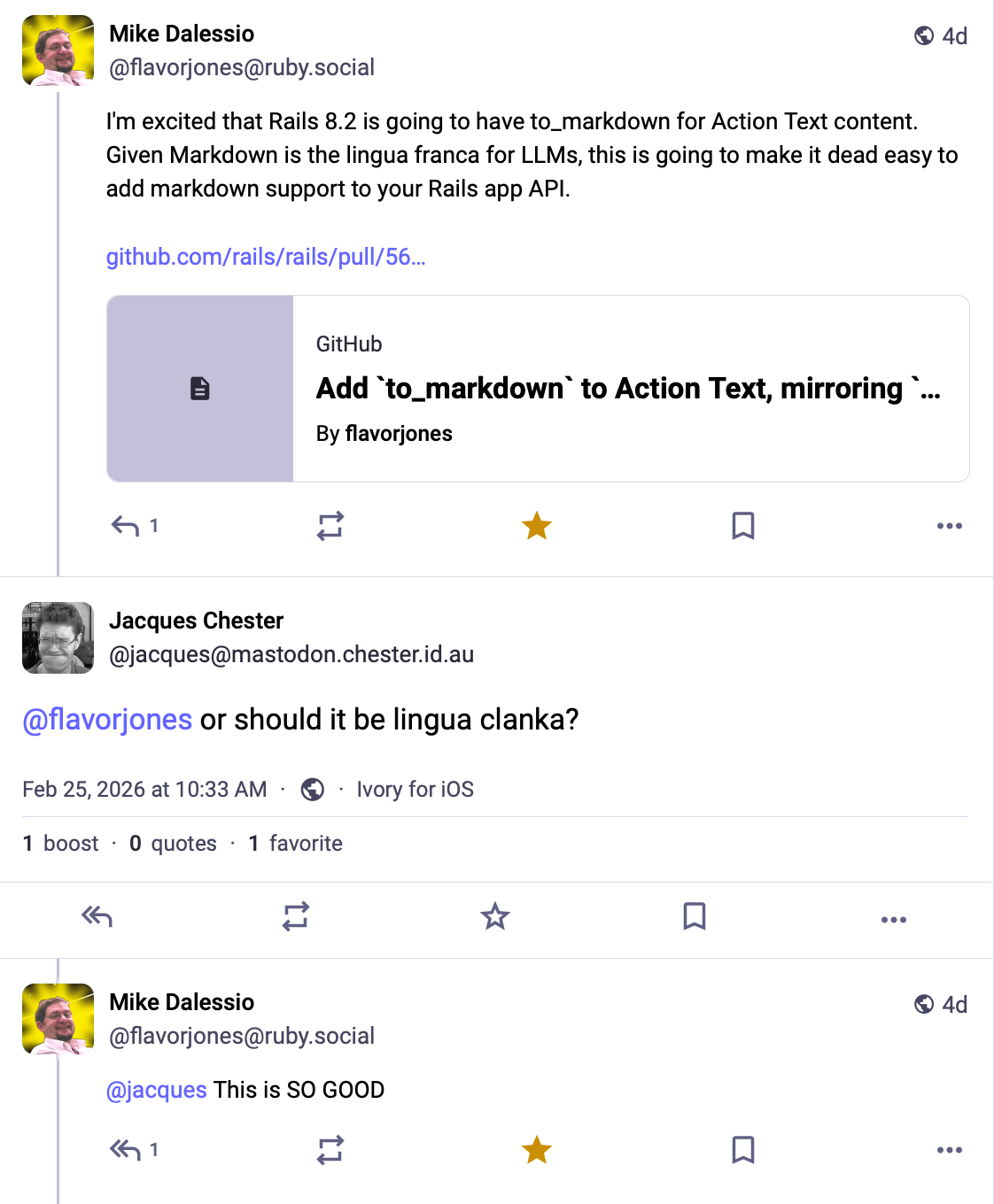 Mastodon exchange between Mike Dalessio and Jacques Chester. Mike is announcing that Rails 8.2 will have a markdown output ability, since 'Markdown is the lingua franca for LLMs'. Jacques replies 'or should it be lingua clanka?', a neologism based on the word 'clanker' for AI or LLMs.